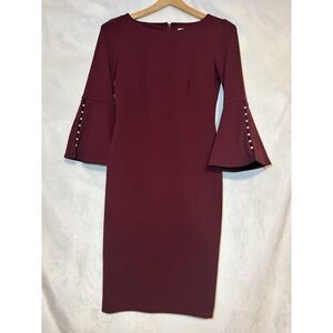 Calvin‎ Klein Maroon Pearl Cutout Bell Sleeve Sheath Dress Sz 2 Holiday Career